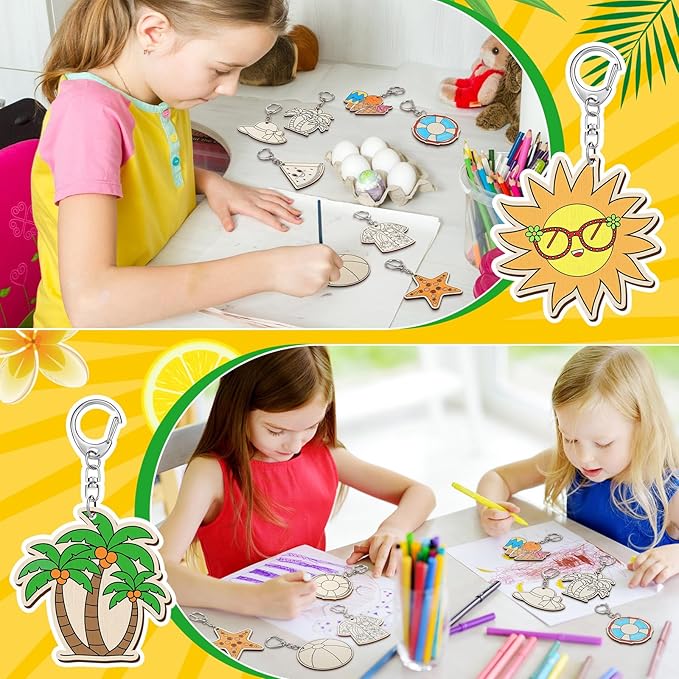 Trnayi 36 Pcs Summer Unfinished Wooden Keychains Color Your Own Beach Fruit Keychains Tropical Hawaiian Luau Blank Wood Painting DIY Crafts for Summer Party Activities Arts Project Decor