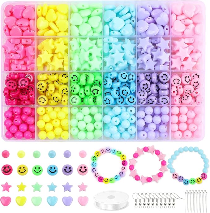 Miss Rabbit Candy Color Acrylic Heart Beads Star Beads Plastic Bead Kit Cute Pastel Bead for Bracelets Jewelry Making DIY Crafts Necklace Phone Charm