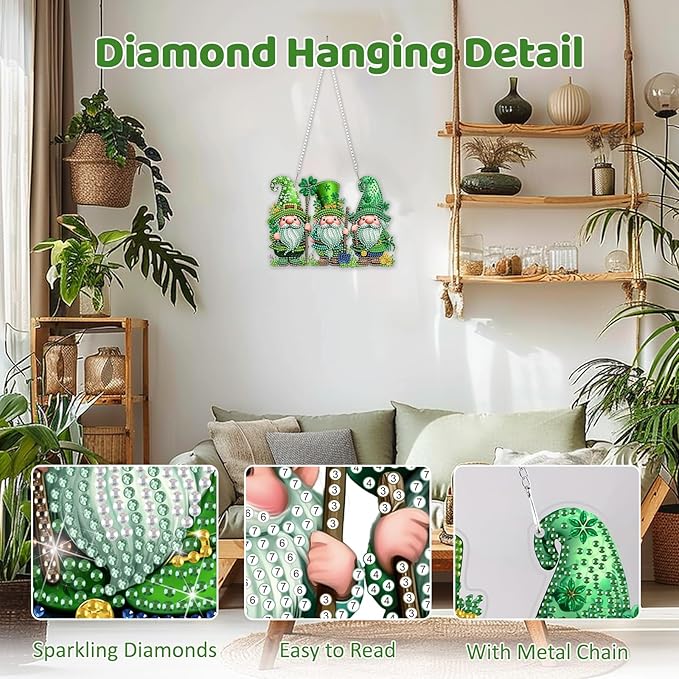 MEIYUDA St. Patrick's Day Hanging Diamond Art Kits for Adult, Four-Leaf Clover Gnomes Diamond Painting Kit Ornaments, DIY Special Shaped Rhinestone Window Pendants Kit for Home Wall Decor Gift
