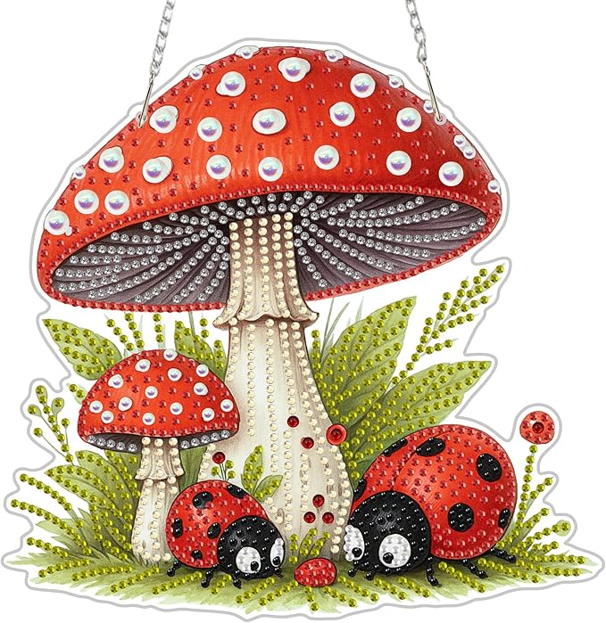 NEWENMO Diamond Art Hanging Kit for Adult, Cartoon Mushroom, DIY Double Sided Acrylic Special Shaped Diamond Art Painting Window Pendant Ladybug Mushroom, Home Garden Wall Hanging Ornament Kits
