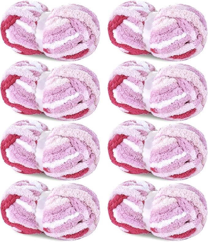 HOMBYS Chunky Tie Dye Mix Chenille Yarn for Hand Knitting, Super Bulky Jumbo Yarn for Crocheting, 3/4" Thick Soft Plush Yarn for Blankets, 8 Skein Pack (26 yds / 7.5 oz Each) Rose,Pink,White
