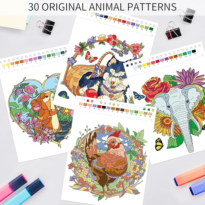 Jadeso Color by Numbers Adult Coloring Book, 30 Pages of Original Animals Patterns, Spiral Bound Coloring Book for Adults Relaxation, Color by Numbers for Adult, Thick Smooth Paper(120gsm)