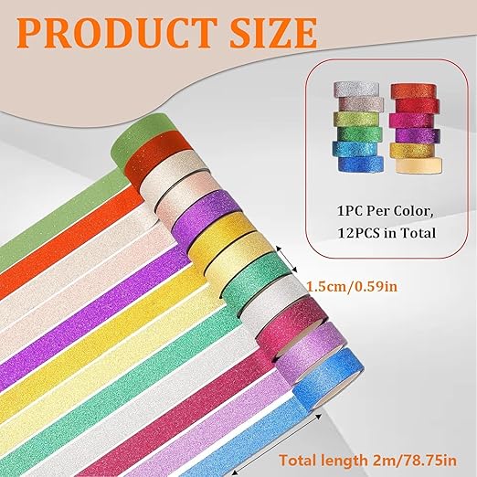 12 Rolls Glitter Washi Tape Set Christmas Washi Masking Tape Decorative Adhesive Tape for Scrapbooking DIY Crafts Crafters Embellished Journals Planners Cards Gift Wrapping Ribbons Wedding (A)
