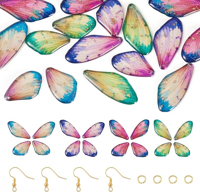 FASHEWELRY 16Pcs Resin Butterfly Wing Charms for Jewelry Making, Glitter Gradient Insects Wing Pendant Earrings Making Kit Golden Earring Hook Jump Rings