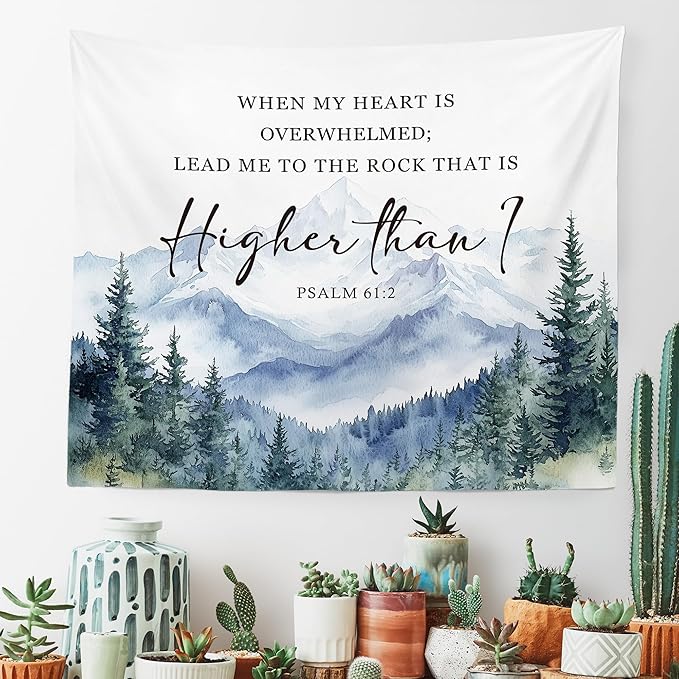 MNASAIOO Christian Mountian Woods Wall Tapestry Hanging for Bedroom, Bible Verse Scripture Psalm 61:2 Tapestry, Watercolor Religious Tapestries Wall Decor for Living Room Prayer Room Church 50x60in