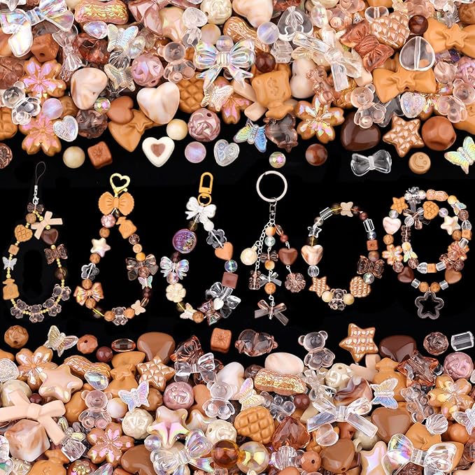 200-260PCS TINKRSTUFF Assorted Acrylic Beads Brown,Cute Beads for Bracelet Making, Bow Flower Butterfly GummyBear Kawaii Charms Aesthetic Bead for Necklace Keychain Jewelry Making DIY Phone Charm