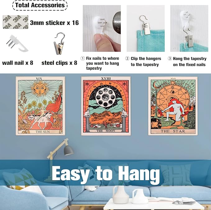 zeedix 4 pack tarot card tapestry wall hanging cute boho hippie art spiritual tapestries with the sun and moon star strength astrology small tapestry for bedroom living room wall decor aesthetic (orange 19.7"x 15.7")
