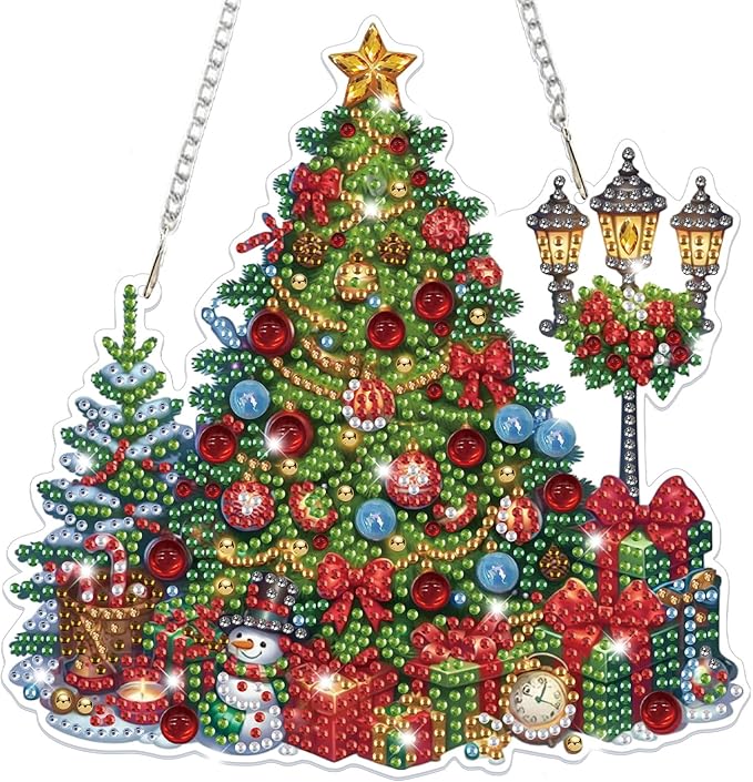 Bowetile Christmas Diamond Art Hanging Kits for Adults, Diamond Art Suncatchers Christmas Tree, 5D Special Shape Diamond Painting Pendant Window Ornament Christmas Gifts for Home Door Wall Decor