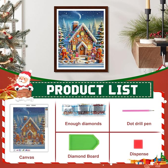 EMIEAUFG Christmas Diamond Art Kits for Adults, Christmas Gingerbread House Diamond Paiting Kit for Beginners, 5D DIY Round Full Drill Craft Diamond Dot Gem Art, Home Wall Decor 12" x 16"