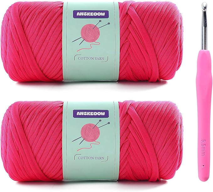 2 Skeins Tshirt Yarn for Crochet,Soft T Shirt Yarn for Crocheting Bag/Basket/Home Decor,Trapillo para Tejer a Crochet Bolsas with 1 Crochet Hook,Each Ribbon Yarn 7oz, 65yds (Rose Red)