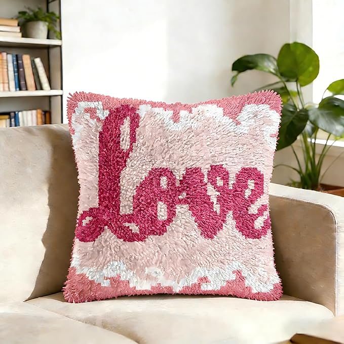 Cozykeke Love Latch Hook Kit,DIY Pillow Cover Cushion Craft Kits with Pre-Printed Canvas for Adults and Beginners, Suitable for Home Decor and Festival Gift 17 * 17in (BX861)