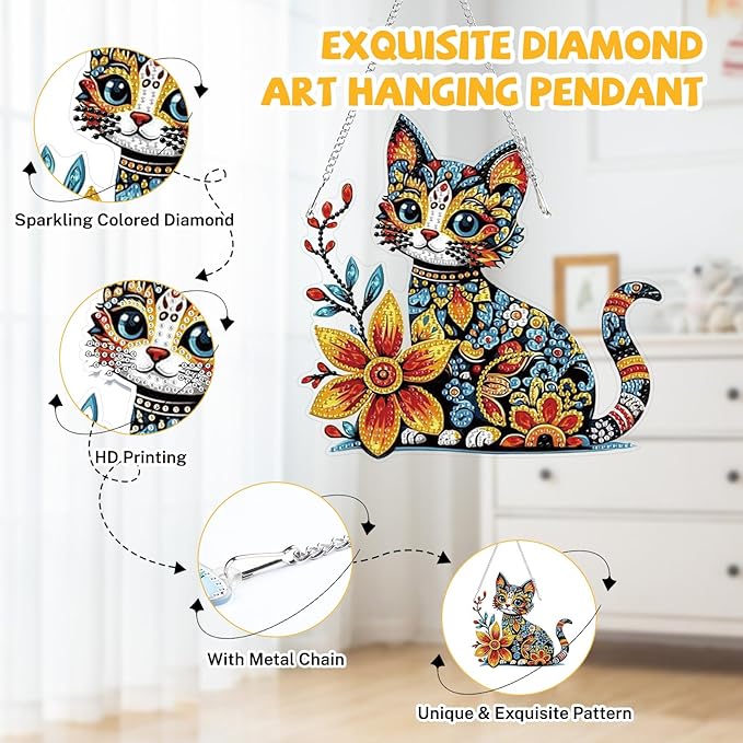 Bowetile Colorful Cat Diamond Art Hanging Kits for Adults, 5D Special Shape Diamond Painting Cats Window Pendant Kits, Animal Gem Art Suncatchers Ornament for Home Garden Wall Decor