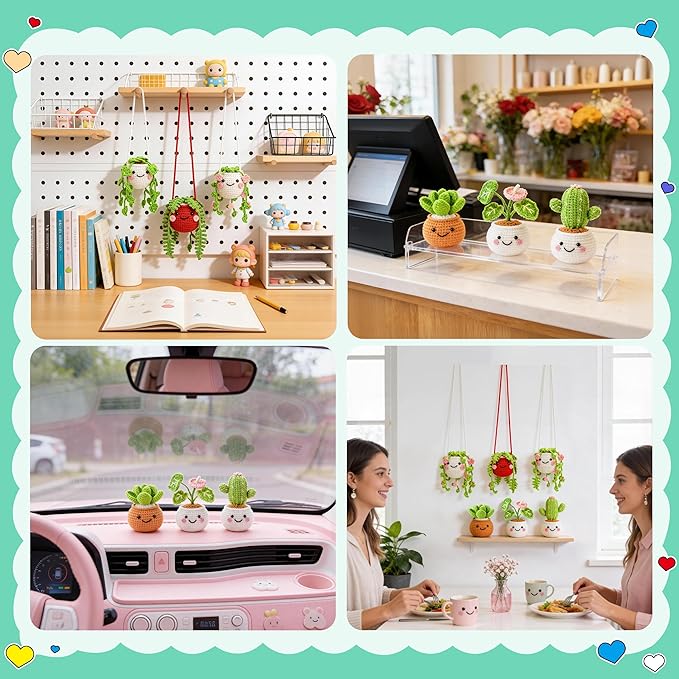 Joyclub Crochet Kit for Beginners Crochet Starter Kits for Adults and Kids Great Birthday Gifts for Crocheting Lovers with Step by Step Video Amigurumi Kit, 6 Pcs Fake Hanging Potted Plants Family