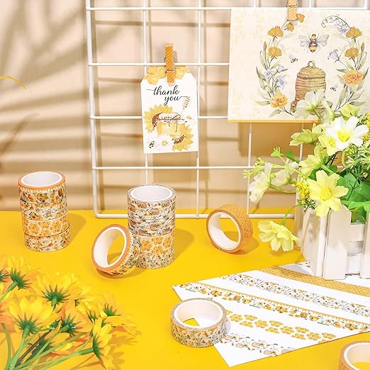 Whaline 12 Rolls Bee Washi Tape Bumble Bee Honeycomb Sunflower Washi Tapes Watercolor Yellow Decorative Masking Tape for Spring Summer Scrapbook Journal DIY Art Craft Gift Wrapping