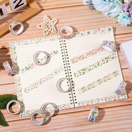 Whaline 12 Rolls Spring Floral Washi Tapes Foil Gold Colorful Flowers Masking Tape 0.6 Inch Watercolor Plants Spring Decorative Washi Tape Sticker for Holiday Scrapbook Journal DIY Craft Gift Wrapping