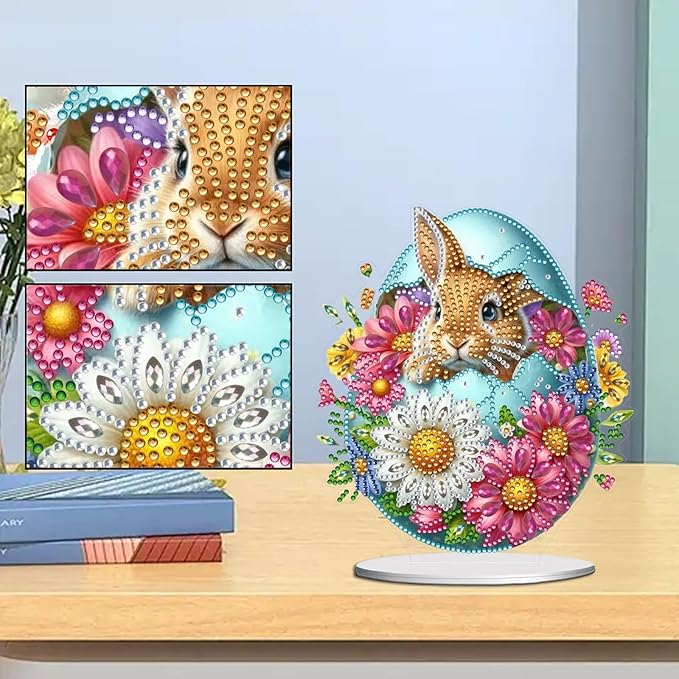 DIY Dot Diamond Desktop Easter Creative Ornaments Diamond Art Painting by Number Embroidery Arts and Crafts Easter for Home Office Garden Decoration (Single Side Dot Diamond)-23-Easter Bunny Egg