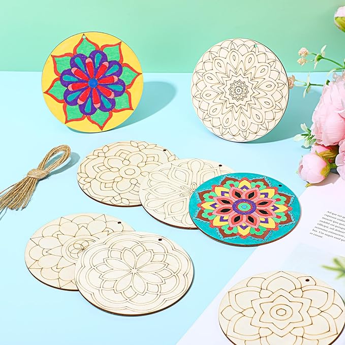 Blosssound 40 Pcs Unfinished Wood Mandala to Paint Wooden Mandala Painting Crafts Diwali Art Slices for Adult to Relax Painting DIY Crafts Ornament Wedding Home Decorations, 4 Inch(Classic)