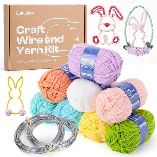 Caydo Aluminum Craft Wire and Acrylic Yarn Skeins Kit, i-Cord Knitting Kits for Beginner for DIY Handicraft Making, 8x25g Yarn & 2 Roll 5M x 3 mm Wire