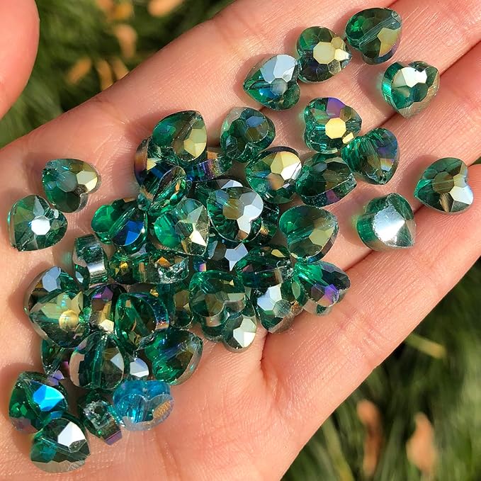 70pcs 8mm AB Dark Green Faceted Heart Beads for Jewelry Making Crystal Glass Beads for Bracelets Necklace Crafts, Friendship Bracelet Kit, Love Gifts