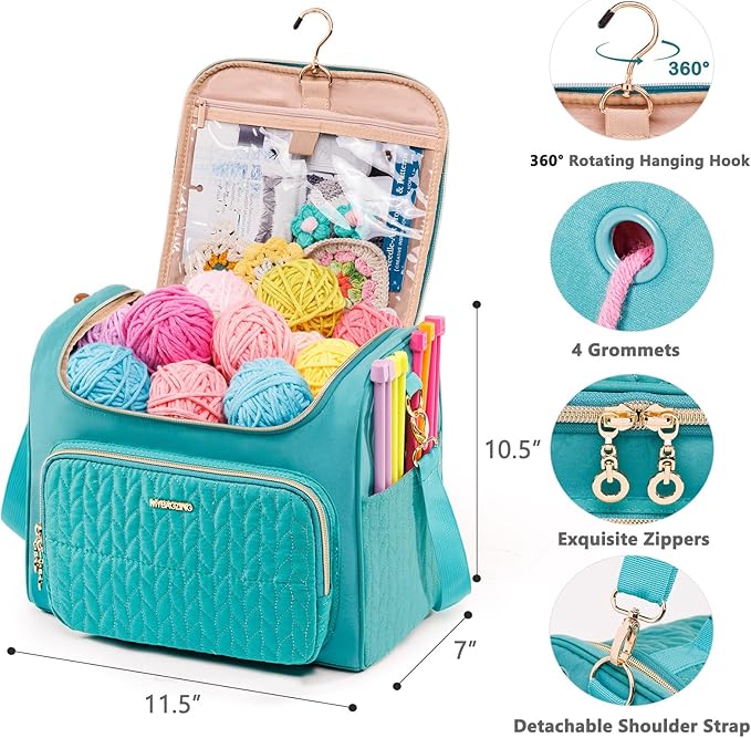 MYBAGZING Crochet Bag Organizer, Quilted Storage Bag with Hanging Hook, Yarn Holder for Knitting & Crochet Accessories, Crochet Gift for Mother's Day