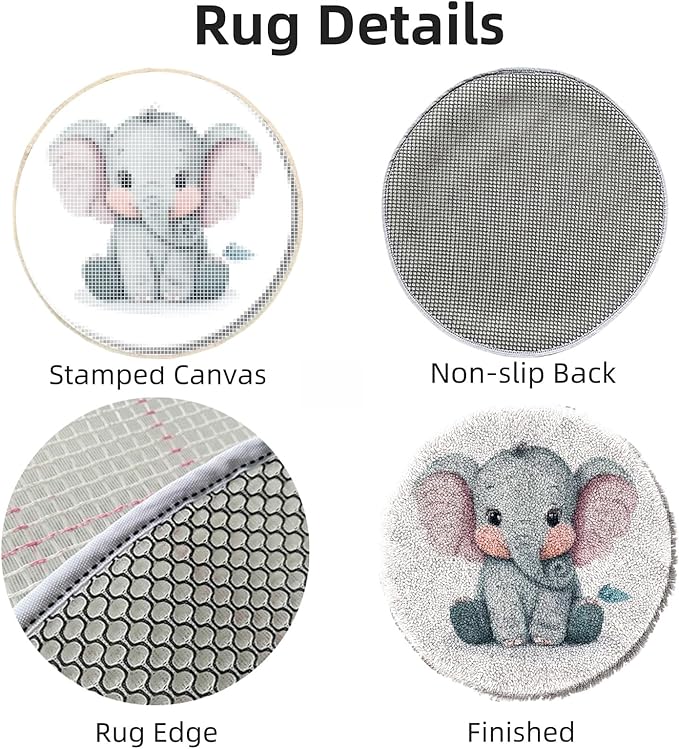 Latch Hook Rug Kit Cute Baby Elephant Stamped Handmade Round Shape Carpet Crochet Yarn Craft DIY Hook and Latch Door Mat Tapestry for Home Floor Decor 50x50cm(3)