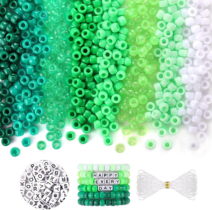 Green and White Beads, 1200 Pcs Pony Beads Bulk and Letter Beads, Kandi Beads Hair Beads for Girls Adults, Plastic Beads for Bracelets Jewelry Making DIY Crafts