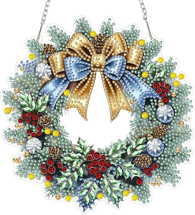 MEIYUDA Christmas Diamond Art Hanging Kits for Adult, Winter Wreath Diamond Painting Hanging Kits Ornaments, DIY Special Shaped Rhinestone Window Pendants kit for Home Garden Wall Decor Gift