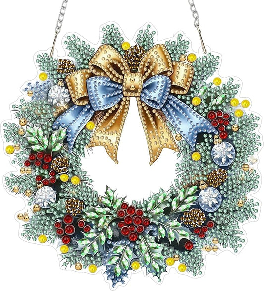 MEIYUDA Christmas Diamond Art Hanging Kits for Adult, Winter Wreath Diamond Painting Hanging Kits Ornaments, DIY Special Shaped Rhinestone Window Pendants kit for Home Garden Wall Decor Gift