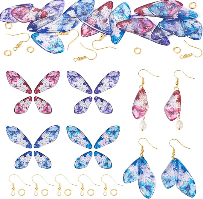 FASHEWELRY 16Pcs Resin Fairy Wing Earring Charms Pink Purple Blue Butterfly Wing Pendants Flower Print Feather Charms with Jump Rings Earrings Hooks for DIY Earring Jewelry Making