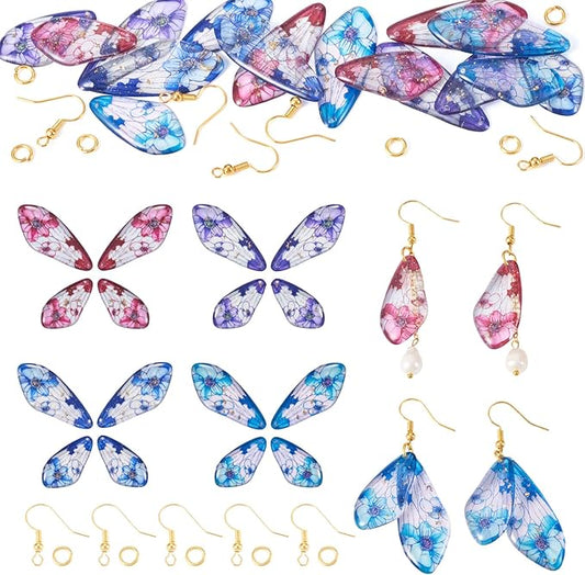 FASHEWELRY 16Pcs Resin Fairy Wing Earring Charms Pink Purple Blue Butterfly Wing Pendants Flower Print Feather Charms with Jump Rings Earrings Hooks for DIY Earring Jewelry Making