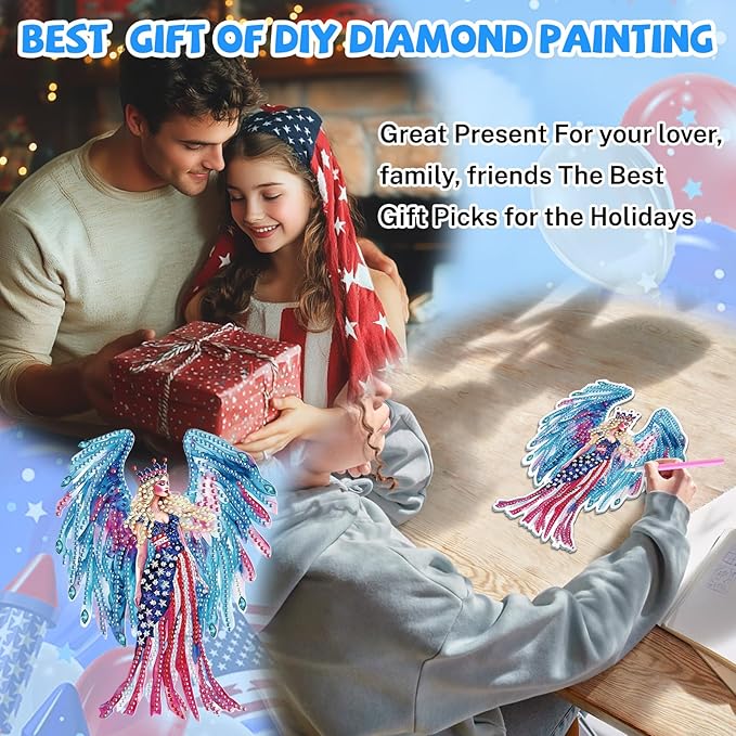 Bowetile Independence Day Fairy 5D Diamond Art Hanging Kits for Adults, 4th of July Diamond Painting USA Window Pendant Kits, Special Shape Gem Art Suncatcher Ornament for Home Garden Wall Decor