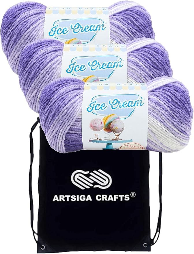 Lion Brand Ice Cream Grape 923-210 (3-Skeins - Same Dye Lot) Baby Sport #2 Acrylic Yarn for Crocheting and Knitting with Project Bag