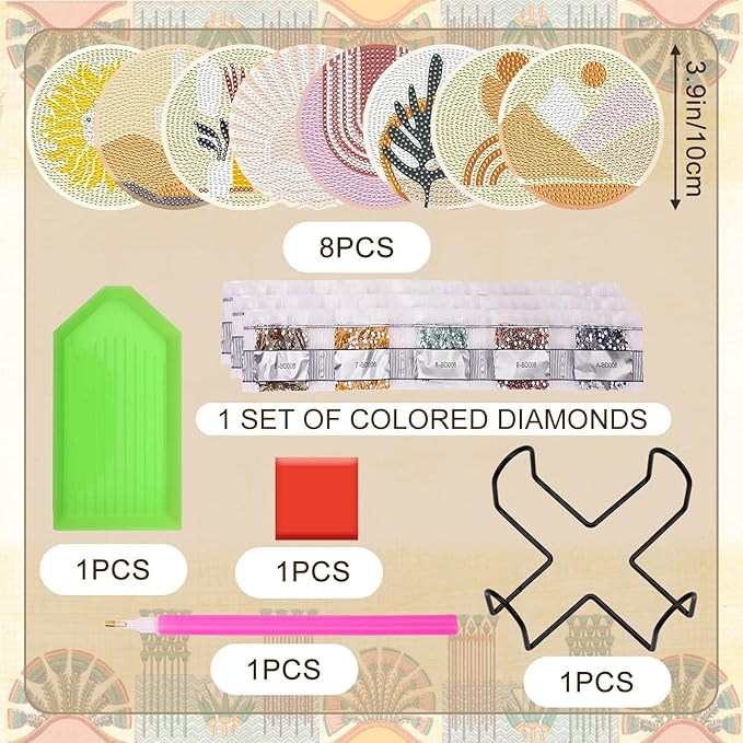 UPINS 8Pcs Boho Diamond Art Painting Coasters for Drinks DIY Coaster Diamond Art Kits for Adults Kids Beginners Diamond Art Craft Supplies (Boho)