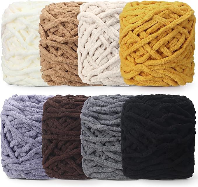 Buryeah 8 Pack Chunky Chenille Yarn for Crocheting Soft Thick Fluffy Yarn for Hand Knitting Bulky Velvet Blanket Plush for Weaving DIY Crafts Each 3.5 oz 55 Yards (Brown Series)