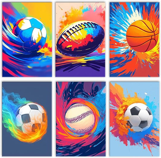 Basketball and Soccer 6 Pack Paint by Numbers for Adults Beginner Balls Oil Painting Kits on Canvas with Brushes and Acrylic Painting DIY Sports Lovers Crafts Home Wall Decor 8x11.8 Inch (Frameless)
