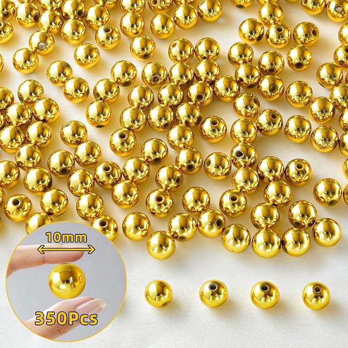 Laopottbeads 350 Pcs Gold 10MM Beads for Jewelry Making Round Beads DIY Kit for Bracelets, Earrings, Necklaces & Anklets