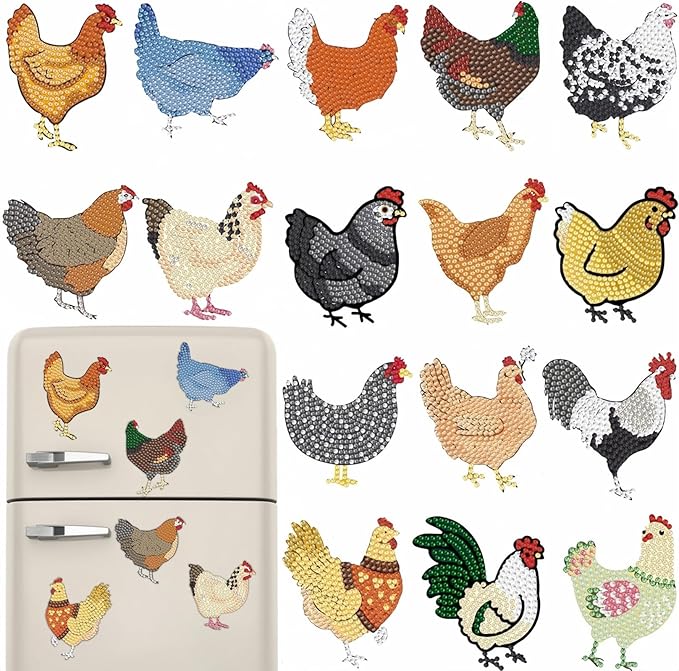 16 Pcs Chicken Diamond Painting Magnets Kits,Diamond Art Fridge Magnet Refrigerator Sticker Diamond Painting kit for Beginners Adults DIY Art Craft Gifts Home Decors (Chicken)