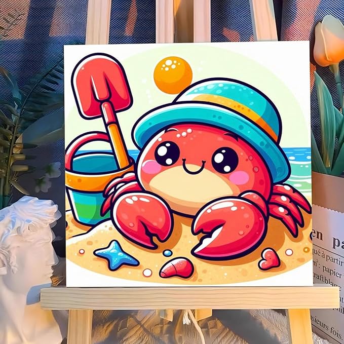 Reivworl Paint by Numbers Kit for Kids with Frame and Easel, Crab Paint by Number for Kids Age 6-8-12, Paint by Numbers Kits for Gifts and Home Decor - 8X8Inch