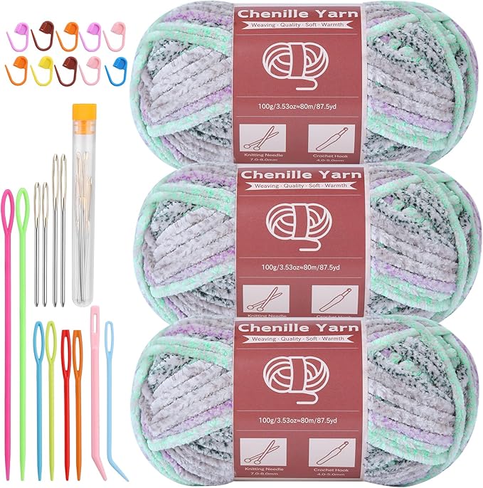 LUNARM Chenille Yarn for Crocheting Knitting, 3 Skein 10.58 oz / 263 Yard Thick Soft Chunky Fluffy Weaving Plush Yarn for Blankets Clothes Pattern with Big Eye Needles(Gray Green Gradient)