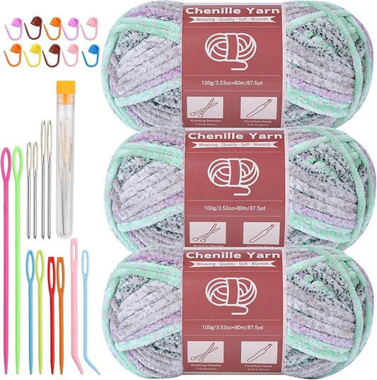 LUNARM Chenille Yarn for Crocheting Knitting, 3 Skein 10.58 oz / 263 Yard Thick Soft Chunky Fluffy Weaving Plush Yarn for Blankets Clothes Pattern with Big Eye Needles(Gray Green Gradient)