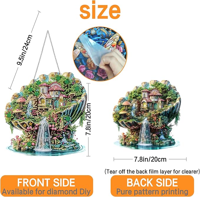 Ginfonr Diamond Painting Kits Hanging Pendant, Landscape Diamond Art Kits for Adults, Special Shaped Rhinestone Shells Diamond Art, Double Sided Home Hanging Kits for Garden Wall Window (8 x 8inch)