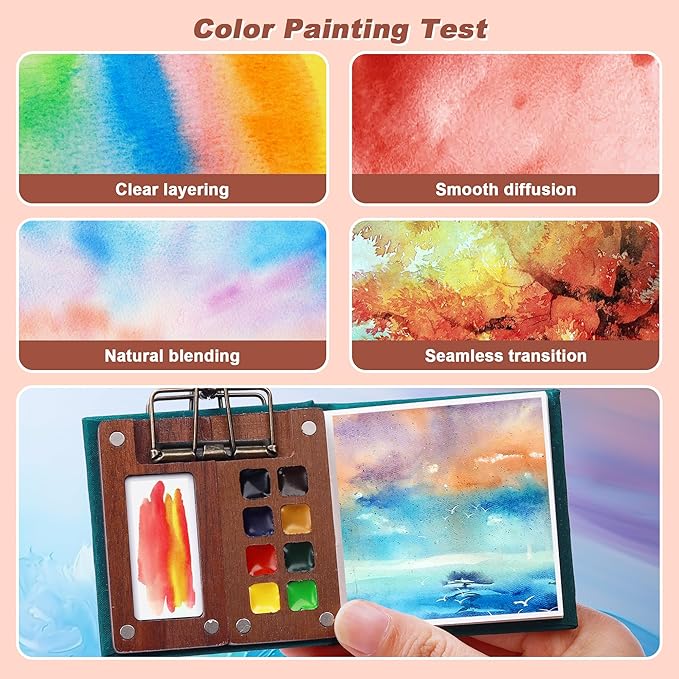 Mini Watercolor Paint Set, Portable Travel Art Kit with Wooden Palette, 8 Color Pigments, Watercolor Pad, Water Brush Pens and Accessories for Artists