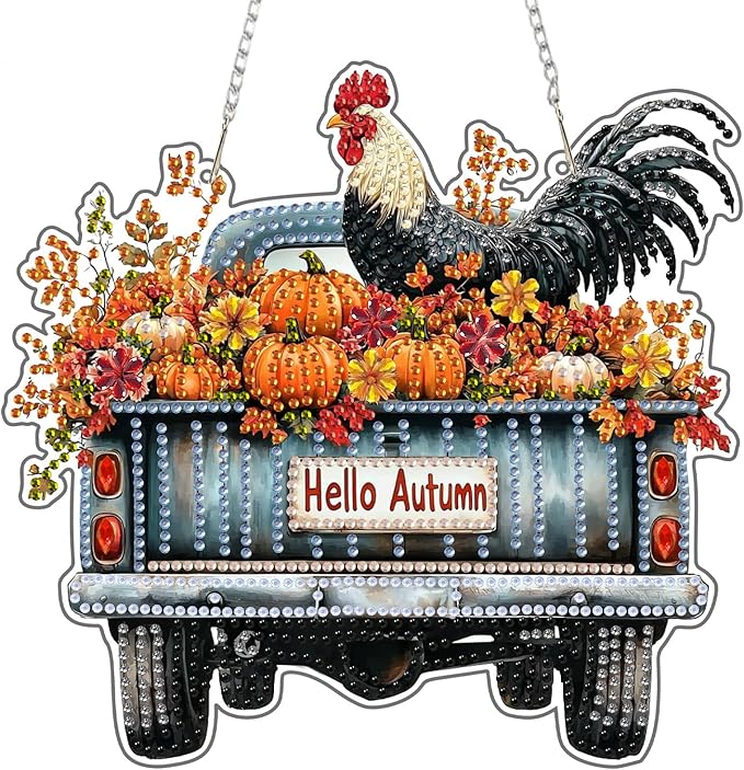 SENQAO Fall Chicken Diamond Art Hanging Kits for Adults Kids, Acrylic Diamonds Painting Pendant Board Kit Truck, Diamond Art Painting Window Pendants Home Garden Wall Hanging Kits Hanging Ornament