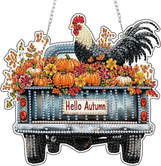 SENQAO Fall Chicken Diamond Art Hanging Kits for Adults Kids, Acrylic Diamonds Painting Pendant Board Kit Truck, Diamond Art Painting Window Pendants Home Garden Wall Hanging Kits Hanging Ornament