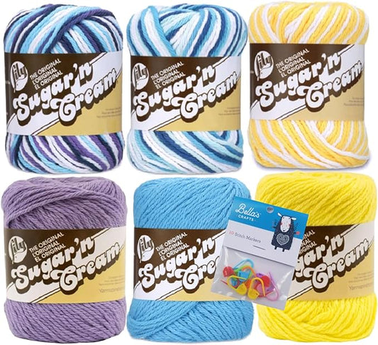Lily Sugar'n Cream 100% Cotton Yarn 6-Pack Bundle with Bella's Crafts Stitch Markers (Spring Ombre Mix)
