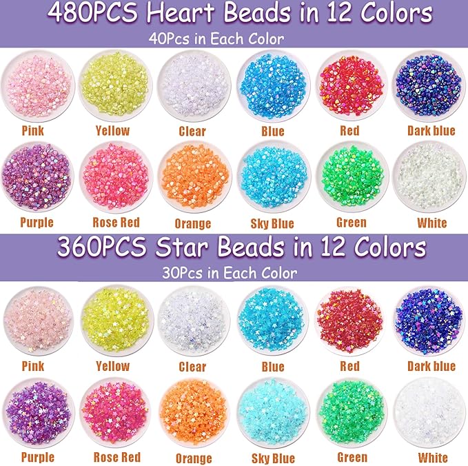 840 PCS Acrylic Beads Heart Star Shape Beads for Jewelry Making, Clear Acrylic AB Colors Bead Assortments Colorful Charming Beads Loose Beads Spacer for DIY Necklace Bracelet Jewelry Craft Making