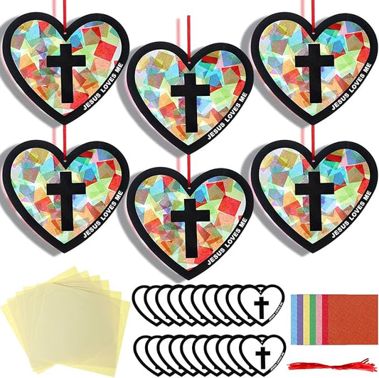 Motipuns 32 Sets Easter Christian Ornaments Craft Kit, Religious DIY Heart Suncatchers Gift Stained Glass Effect with Tissue Paper Window Art for Sunday School Church VBS Decor