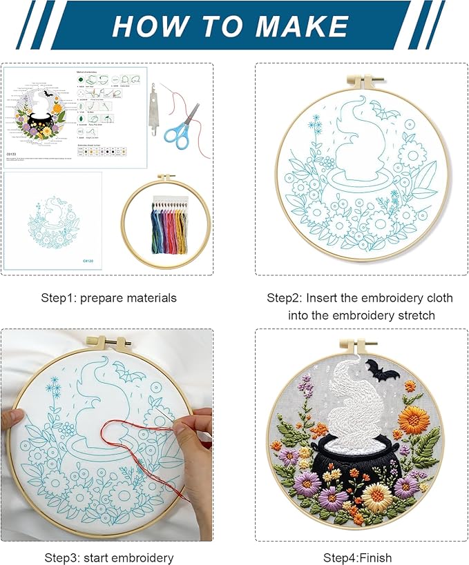 Zhenqing Halloween Magic Cauldron Embroidery Kit for Beginners - Complete Set with Pre-Printed 29x29cm Cotton Fabric, Hoop, Threads & Tools (C0120)