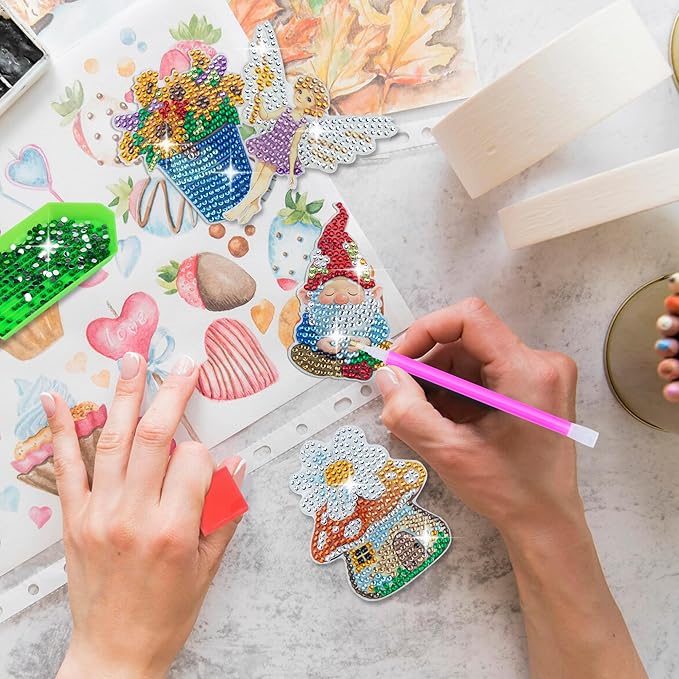 SWATOM 10PCS Diamond Art Kits for Adults for Garden Decor with Fairies, Garden Gnomes & Mushroom Houses Wood Stakes Diamond Painting Dotz Ornaments Kits for Indoor Outdoor Yard Decoration Crafts