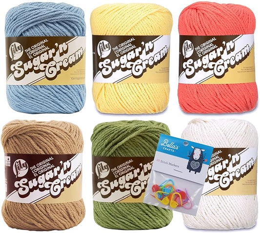 Lily Sugar'n Cream 100% Cotton Yarn 6-Pack Bundle with Bella's Crafts Stitch Markers (Mandala Mix)